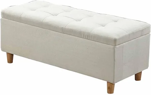 Vista 9 de Caja de almacenamiento plegable otomana rectangular con barra de metal, tela de lino de algodón transpirable, cojín grueso para dormitorio, taburete