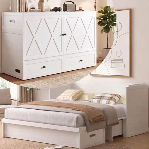 Vista 10 de Mjkone Murphy Bed Queen Size, Cabinet Bed with Built-in USB Charging Station & Storage Drawers, Hidden Queen Murphy Wall Beds Cabinet Beds No