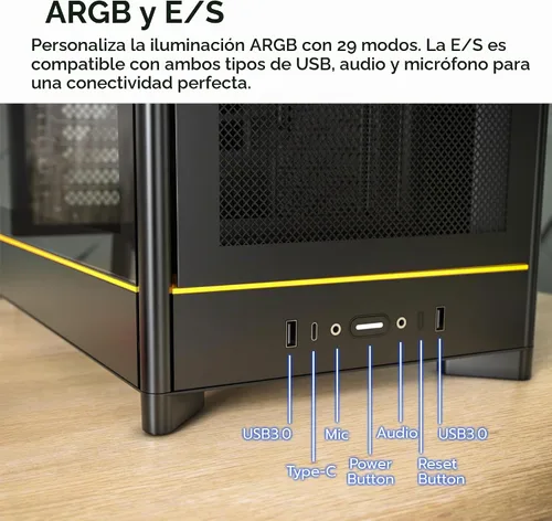 Vista 12 de Caja de PC Montech Serie HS ATX de torre media, PC para juegos, alto flujo de aire, diseño reversible, panel frontal curvo robusto de vidrio