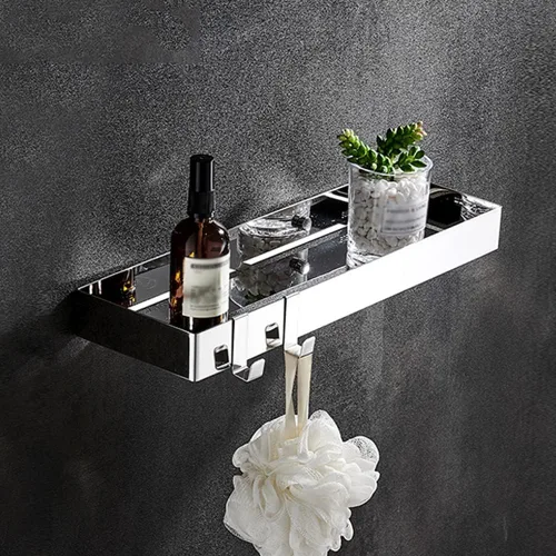 Vista 16 de Wallmounted Bathroom Shelf Floating Organizer with Hooks for Toiletries & Cosmetics 2Tier Black Rectangular Storage Rack for Shower & Kitchen