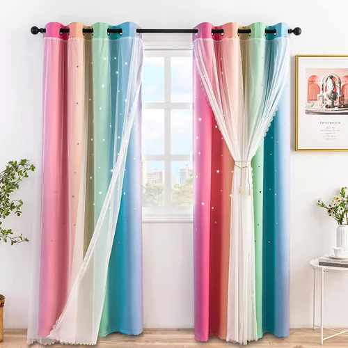 Vista 10 de Stiio Cortinas con Recortes de Estrella para Dormitorio de Niñas, 2 Paneles, Cortinas Opacas 2 en 1 que Bloquean la Luz con Cortinas de Ventana