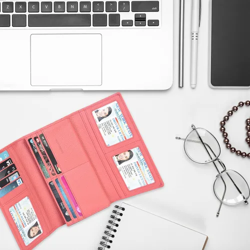 Vista 6 de Carteras de piel con bloqueo RFID, para cheques, con 11 ranuras para tarjetas, para mujer, cartera Rfid