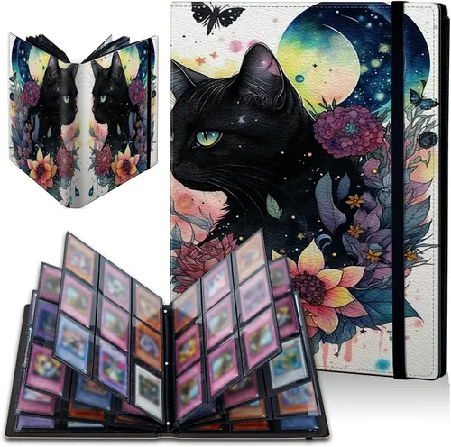 Vista 15 de Carpeta de tarjetas de gato negro y luna, 9 bolsillos para álbum de tarjetas intercambiables, carga lateral, 360 bolsillos, tarjetero de poliuretano