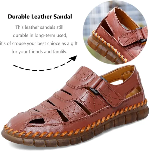 Vista 3 de Sandalias de cuero para hombre con puntera cerrada, zapatos de pescador de playa, sandalias deportivas de verano al aire libre
