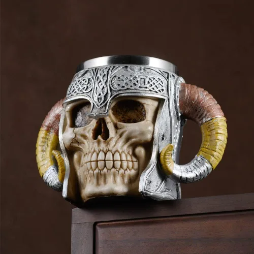 Vista 5 de Taza de cerveza con calavera vikinga, jarra de cerveza de acero inoxidable con doble asa, taza de café medieval, regalo medieval, taza de esqueleto