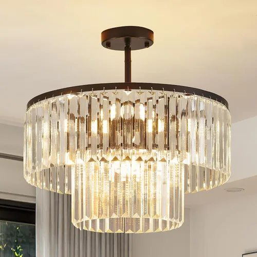 Vista 12 de Moderna lámpara de techo de cristal semiempotrada negra de 12" para comedor, candelabro pequeño de lujo glamoroso de 2 luces para dormitorio