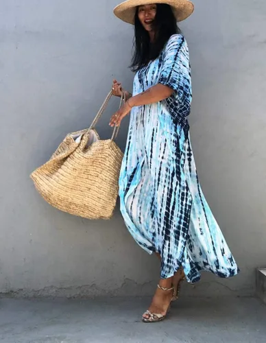 Vista 2 de RanRui - Vestido tipo caftán para mujer, de talla extragrande, con estampado de rayas, teñido anudado, cuello en V, holgado y suave