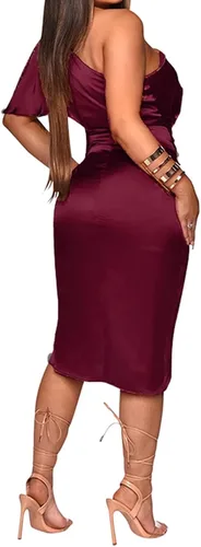 Vista 2 de Aro Lora - Vestido sexy para mujer corto, de satén, asimétrico, fruncido, ajustado (bodycon), de un solo hombro para fiesta de noche