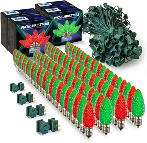 Vista 53 de Pro Christmas - Kit de luces C9 para exteriores, blanco cálido, cable verde, 50 bombillas, 50 pies