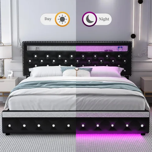 Vista 3 de SIBEDS Base de cama completa con LED y 2 cajones, marco de cama de plataforma de metal resistente de tamaño completo con cabecera ajustable