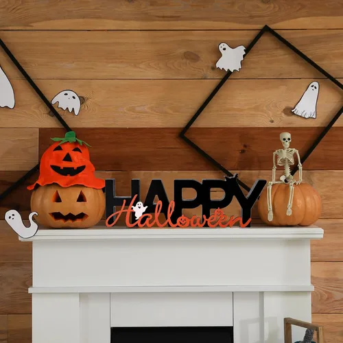 Vista 2 de GHOSTMAGIC Happy Halloween Sign Wooden Table Centerpiece Indoor Decoration 3D Wooden Tabletop Sign with Cute Ghost & Pumpkin for Halloween Decor