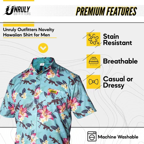 Vista 2 de Camisa hawaiana para hombre, color verde, M249, camisas con botones para hombre, divertidas camisas de armas de flores con pistolas