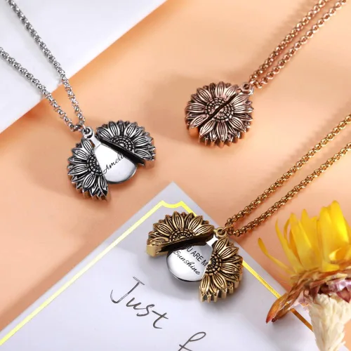 Vista 4 de Collar personalizado con texto en inglés You Are My Sunshine, collar con medallón de girasol, joyería de flores, regalos para mujeres, hija, madre