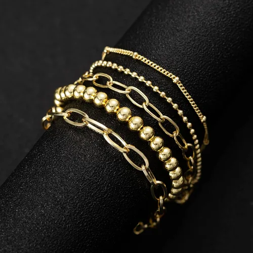 Vista 5 de KesaPlan Juego de pulseras de oro para mujer, ajustables, chapadas en oro de 14 quilates, con cuentas delicadas, juego de pulseras de eslabones