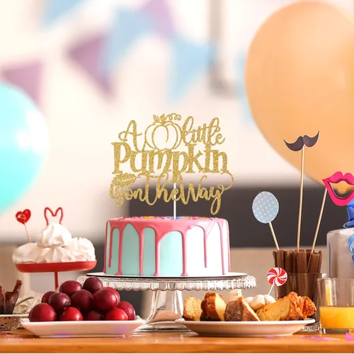 Vista 5 de Decoración para tartas con purpurina dorada "A Little Pumpkin is on the Way", dulce calabaza/calabaza Oh Baby/Little Pumpkin, decoración de fiesta