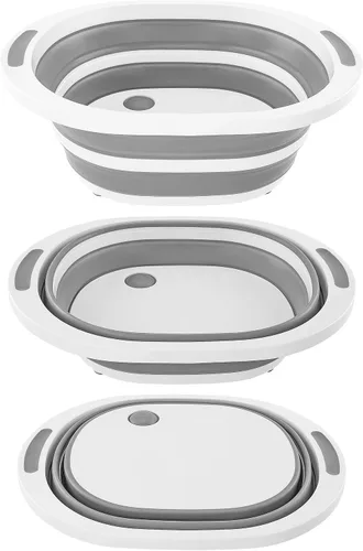 Vista 2 de Fregadero de cocina plegable, tabla de cortar portátil 2 en 1 y cesta plegable con drenaje, lavabo multiusos, gris y blanco