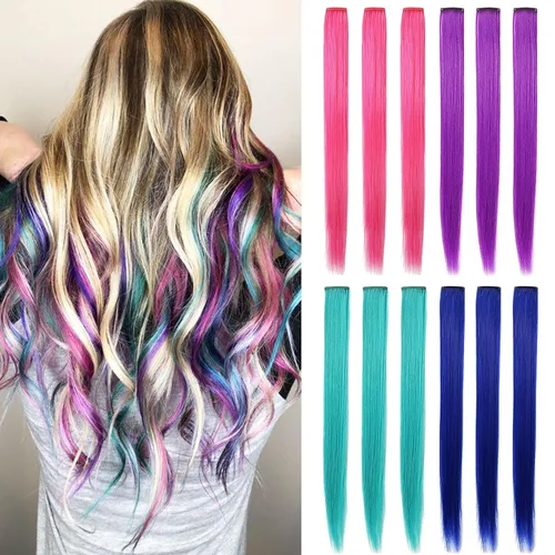 Vista 2 de 12 extensiones de cabello de colores rectas de 20 pulgadas, extensiones de cabello sintético con clip, color arcoíris, con reflejos, para fiesta