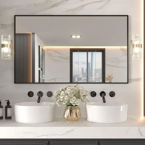 Vista 7 de LOAAO Espejo de Baño de Pared Rectangular Negro de 20"X30", Marco de Aleación de Aluminio Negro Mate, Vidrio Templado, se Cuelga Vertical u