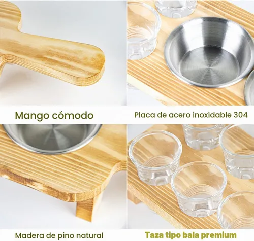 Vista 3 de Bandeja para servir vasos de chupito de tequila con juego de 6 vasos de chupito, soporte de madera único para beber, servir, exhibir y almacenar