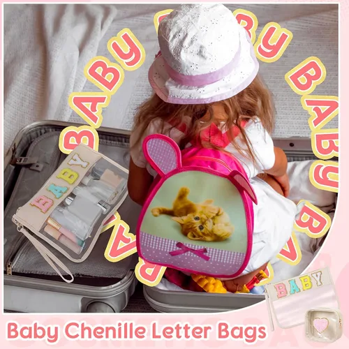 Vista 6 de Hillban Juego de 2 bolsas de bebé de chenilla, bolsas de letras de chenilla, bolsa de maquillaje, bolsa de viaje para bebé, impermeable, portátil