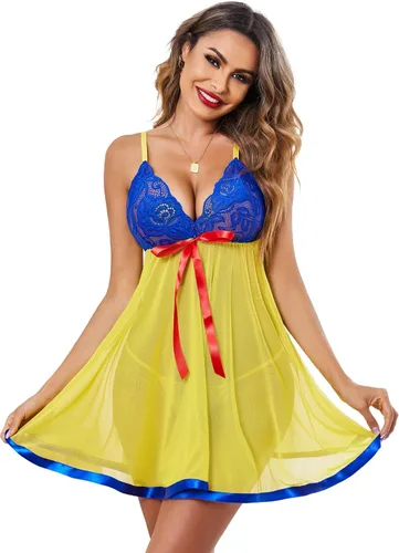 Vista 7 de Avidlove - Conjunto de lencería tipo camisón de encaje y malla para mujer Lunares negros