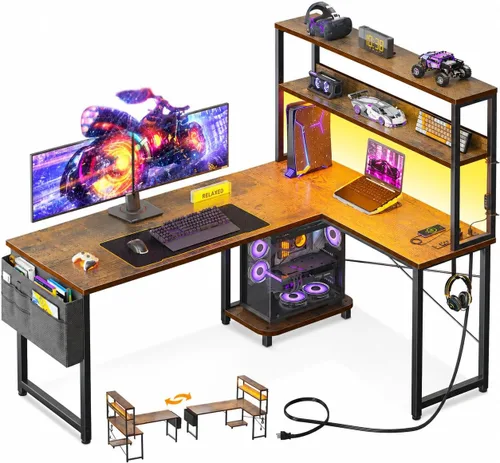 Vista 10 de ODK - Escritorio para juegos en forma de L de 43 pulgadas con estantes, LED y tomacorrientes, color negro