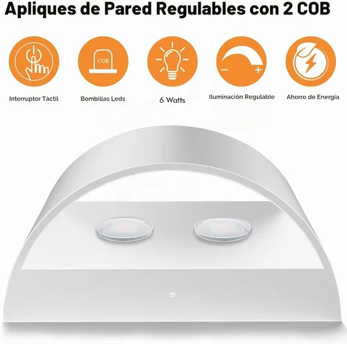 Vista 4 de Juego de dos apliques de pared Modernas luces LED de pared para interiores, luz de montaje en pared arriba y abajo, aluminio, cableado, regulable
