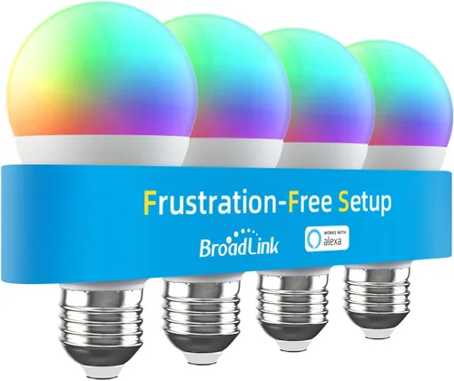 Vista 7 de Broadlink Bombillas inteligentes, configuración sin frustraciones (FFS) funciona solo con Alexa, malla BLE, 9W 800LM que cambia de color A19 E26 LED
