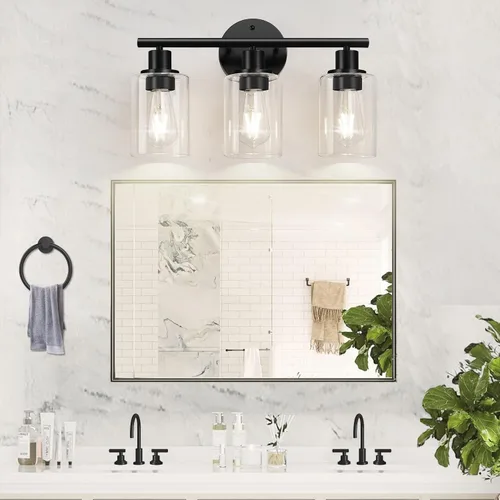 Vista 5 de Zarbitta 3-Light Bathroom Light Fixtures, 17.23" Black Modern Vanity Lights with Clear Glass Shade, Bathroom Wall Lamp for Mirror Kitchen Living