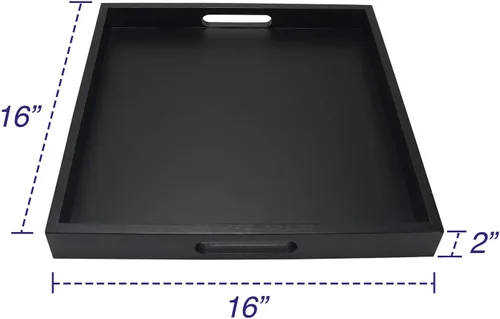 Vista 2 de Bandeja cuadrada de madera con asa, otomana decorativa para el hogar, 16 x 16 pulgadas, color negro