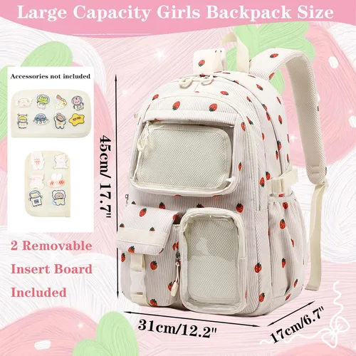 Vista 4 de Mochila escolar para niñas y niños, mochila escolar para primaria, resistente al agua, mochila escolar para adolescentes, Fresa Beige, Tamaño único