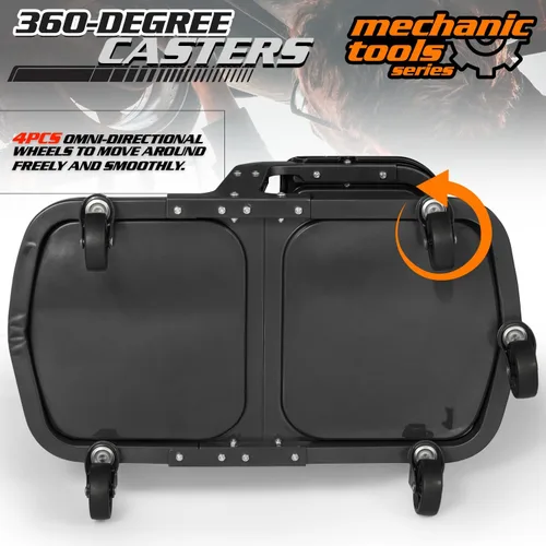 Vista 8 de M-AUTO Asiento de rodillo para garaje, taburete de taller mecánico resistente con bandeja para herramientas y estante para equipos, asiento