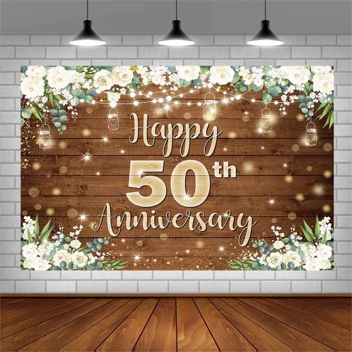 Vista 3 de AIBIIN Telón de fondo de feliz aniversario de 7 x 5 pies para parejas que saludan a 50 años, decoración de fiesta de cumpleaños, flores blancas