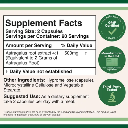 Vista 2 de Double Wood Supplements Astrágalo estimulante inmune 500 mg 180 cápsulas - Rico en flavonoides y polisacáridos - Sin OMG, sin gluten, probado por
