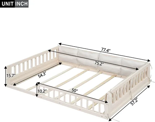 Vista 2 de Cama de plataforma de tamaño matrimonial con valla, plataforma tapizada de madera con barandilla y almohada, color beige