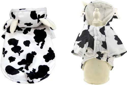 Vista 4 de FLAdorepet Disfraz de vaca para perro de Halloween para perro pequeño, mediano y grande, chaqueta de forro polar de invierno, abrigo con capucha