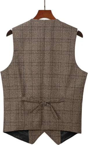 Vista 2 de Chaleco de traje vintage para hombre, chaleco de tweed a cuadros, chaleco de ajuste regular para padrinos de boda