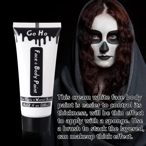 Vista 6 de Go Ho Pintura facial y corporal en blanco y negro (4 onzas) para maquillaje de Halloween, a base de agua crema, blanco y negro, esqueleto