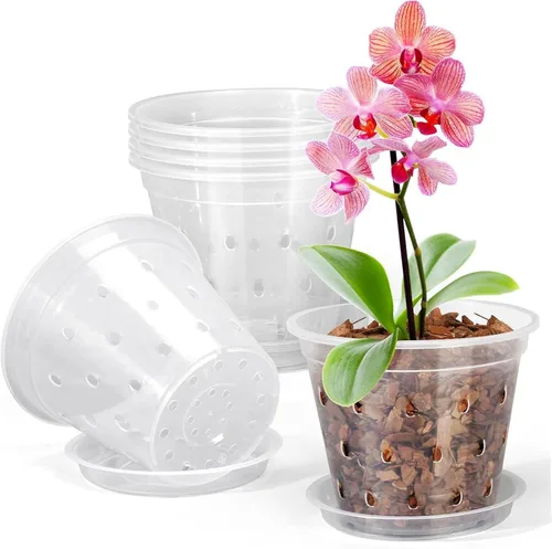 Vista 8 de 5 macetas de plástico transparente para orquídeas con agujeros y platillos, macetas transparentes para trasplantar, excelente drenaje y ventilación