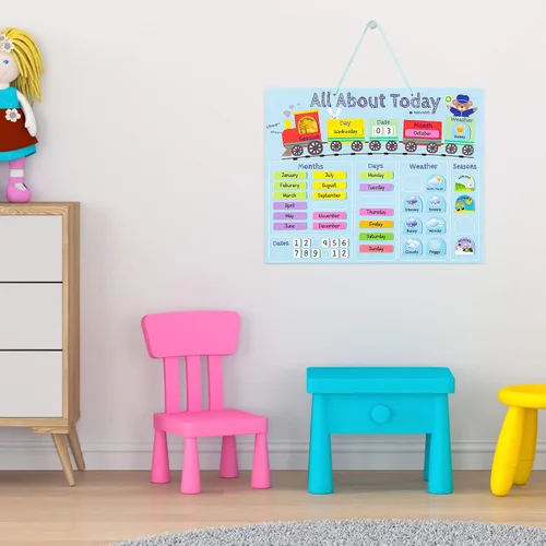Vista 5 de Navaris Calendario magnético para niños, gráfico magnético de aprendizaje diario con clima, fecha, mes, día, temporada para niños, diseño de tren