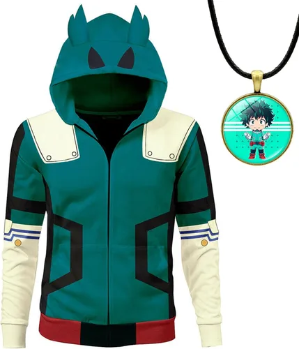 Vista 2 de DAVIKO Anime My Hero Academia Deku - Chaqueta para niños con capucha Izuku Midoriya con colgante para Halloween, disfraz de cosplay para niños