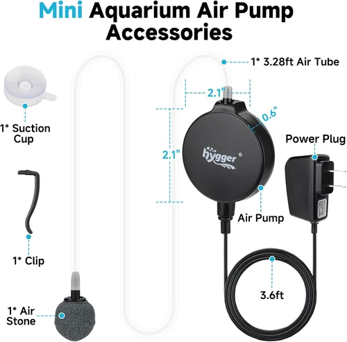 Vista 5 de hygger Mini bomba de aire para acuario de 1.5 W, aireador silencioso con clip de ventosa de tubo de piedra de aire, bomba de oxígeno pequeña