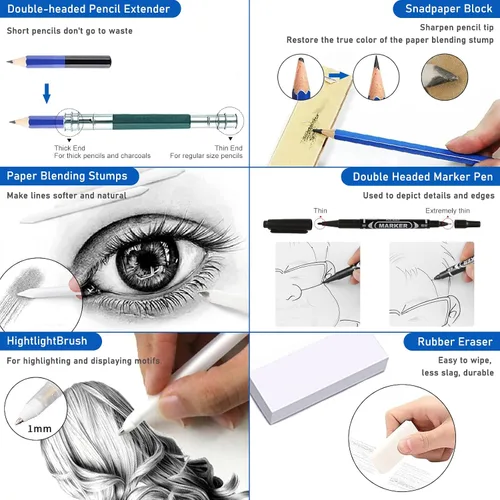 Vista 5 de 146 piezas de lápices de colores para dibujo y bocetos, suministros de arte incluyen lápices de carbón, coloreados, metálicos, acuarela, grafito
