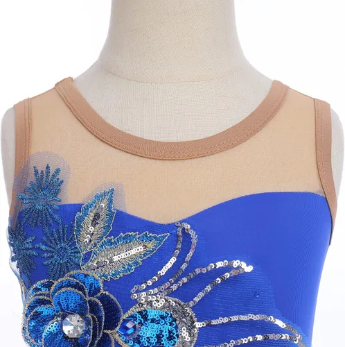 Vista 7 de Vestido de patinaje artístico sobre hielo para niñas, lentejuelas brillantes, malla transparente, gasa, ballet, danza, leotardo, trajes de bailarina
