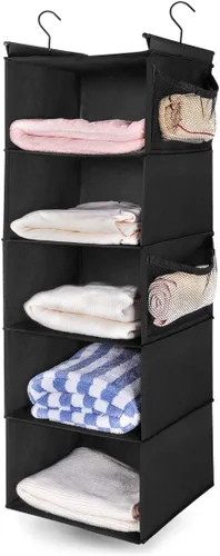 Vista 13 de MAX Houser Organizador Colgante de Closet de 5 Niveles, Estante Colgante de Tela con 2 Ganchos Resistentes para Almacenamiento, Plegable (Beige-D2)