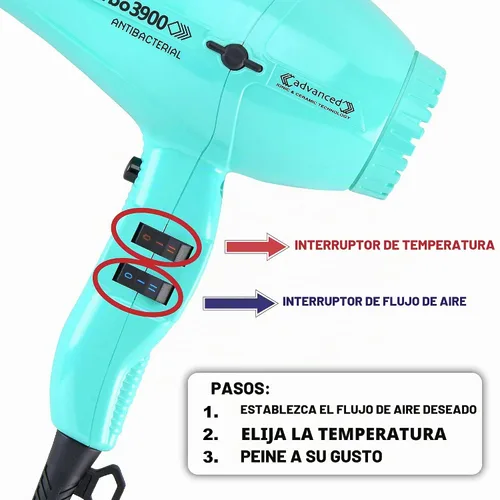 Vista 3 de Turbo Power Twin Turbo 3900 Advanced Ionic & Ceramic Eco Friendly Gold Secador de pelo + accesorio M Hair Designs Hot Blow (paquete) – Secado