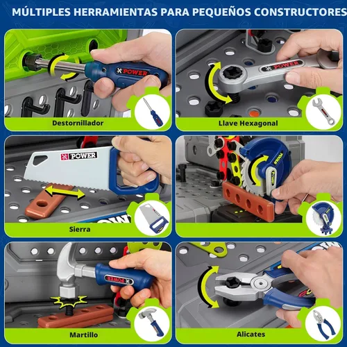 Vista 3 de Juego de banco de herramientas para niños con taladro eléctrico y herramientas realistas, juego de banco de trabajo de construcción para niños