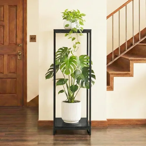 Vista 5 de Soporte para plantas de 34 pulgadas de alto para interiores, estante moderno de 2 niveles, organizador de macetas de esquina para sala de estar