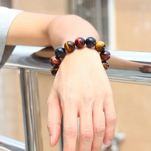 Vista 4 de Pulseras y pulseras de piedra natural con ojos de tigre rojos, azules y amarillos, joyería hecha a mano, pulsera de cuentas de piedra energética