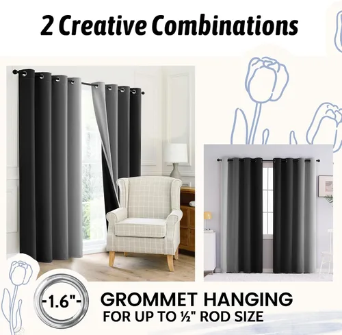 Vista 5 de COSVIYA - Cortinas 100% opacas y visillos con ombre, cortinas negras de 63 pulgadas de largo, 2 paneles, cortinas de oscurecimiento total